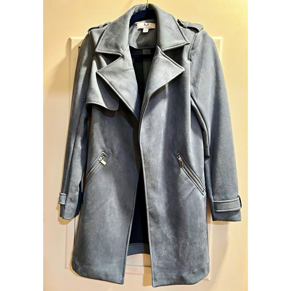 Magaschoni Women's Small Blue Mid-Length Coat Open Drape Soft Faux Suede Pockets